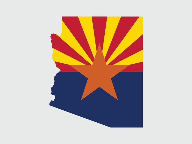 Illustration of the state of Arizona filled with the Arizona state flag design, featuring red and yellow rays, a copper star, and a blue lower half.