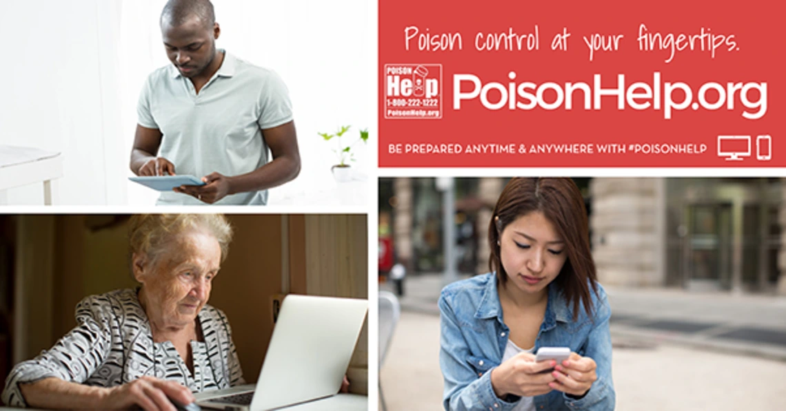 Collage showing people using digital devices with text ‘Poison control at your fingertips’ and ‘PoisonHelp.org – Be prepared anytime and anywhere with #PoisonHelp.