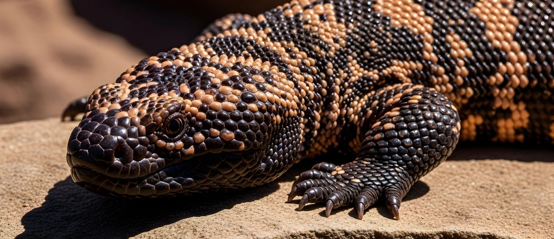 Close-up of a Gila monster resting on a rock, showing its distinctive orange and black patterned scales.