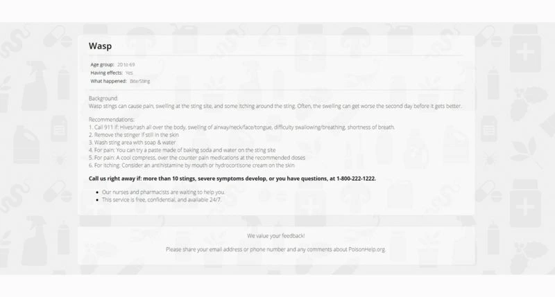 Screenshot of a PoisonHelp.org page with guidance for wasp stings, including symptoms, treatment recommendations, and the 1-800-222-1222 poison control phone number.